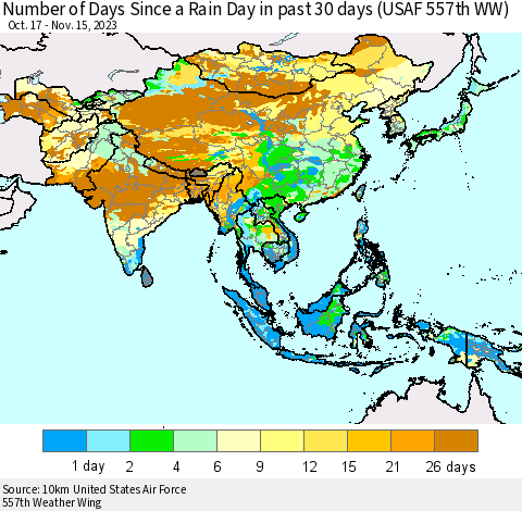 Asia Number of Days Since a Rain Day in past 30 days (USAF 557th WW) Thematic Map For 11/11/2023 - 11/15/2023