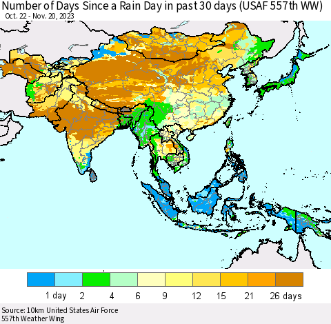 Asia Number of Days Since a Rain Day in past 30 days (USAF 557th WW) Thematic Map For 11/16/2023 - 11/20/2023