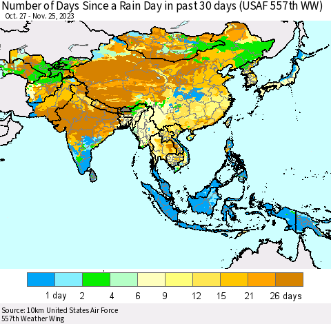 Asia Number of Days Since a Rain Day in past 30 days (USAF 557th WW) Thematic Map For 11/21/2023 - 11/25/2023