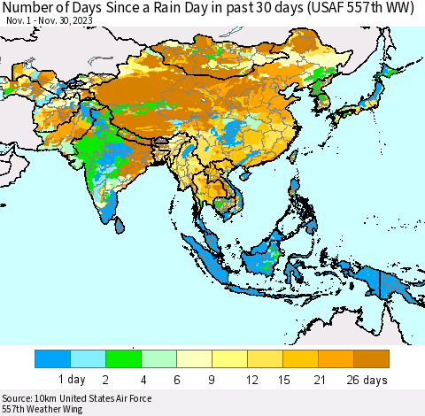 Asia Number of Days Since a Rain Day in past 30 days (USAF 557th WW) Thematic Map For 11/26/2023 - 11/30/2023