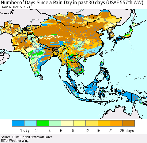 Asia Number of Days Since a Rain Day in past 30 days (USAF 557th WW) Thematic Map For 12/1/2023 - 12/5/2023