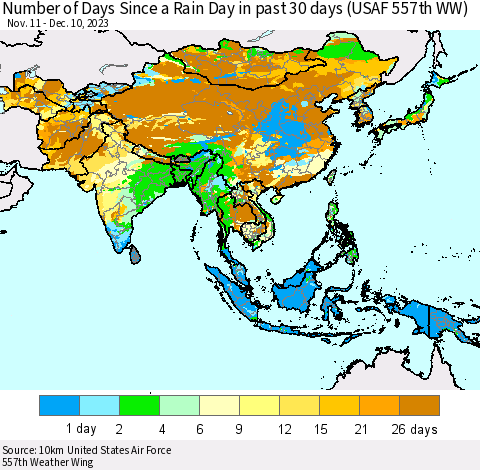 Asia Number of Days Since a Rain Day in past 30 days (USAF 557th WW) Thematic Map For 12/6/2023 - 12/10/2023