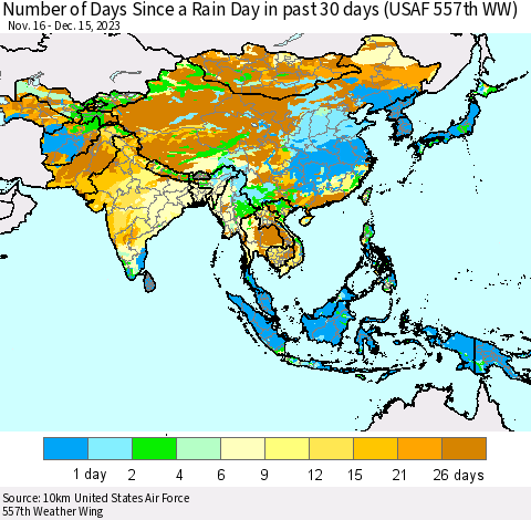 Asia Number of Days Since a Rain Day in past 30 days (USAF 557th WW) Thematic Map For 12/11/2023 - 12/15/2023