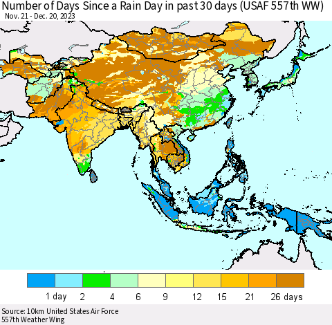 Asia Number of Days Since a Rain Day in past 30 days (USAF 557th WW) Thematic Map For 12/16/2023 - 12/20/2023