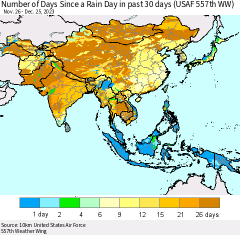 Asia Number of Days Since a Rain Day in past 30 days (USAF 557th WW) Thematic Map For 12/21/2023 - 12/25/2023