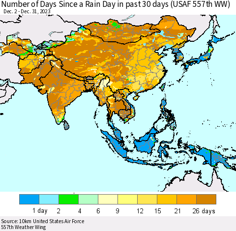 Asia Number of Days Since a Rain Day in past 30 days (USAF 557th WW) Thematic Map For 12/26/2023 - 12/31/2023