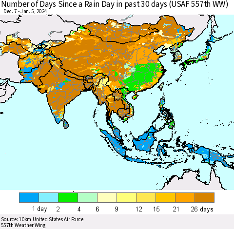 Asia Number of Days Since a Rain Day in past 30 days (USAF 557th WW) Thematic Map For 1/1/2024 - 1/5/2024