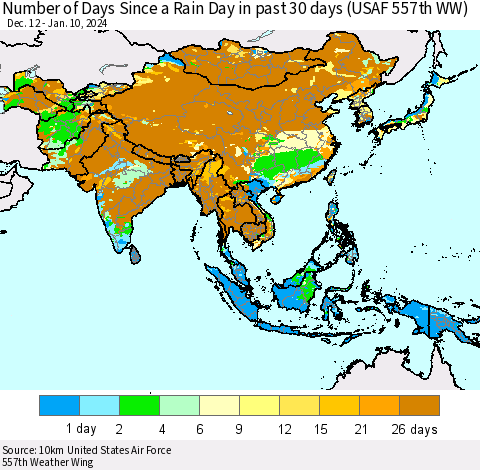 Asia Number of Days Since a Rain Day in past 30 days (USAF 557th WW) Thematic Map For 1/6/2024 - 1/10/2024