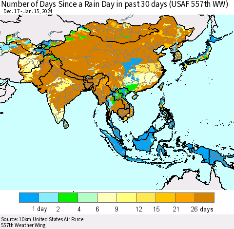 Asia Number of Days Since a Rain Day in past 30 days (USAF 557th WW) Thematic Map For 1/11/2024 - 1/15/2024