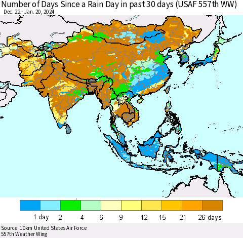 Asia Number of Days Since a Rain Day in past 30 days (USAF 557th WW) Thematic Map For 1/16/2024 - 1/20/2024