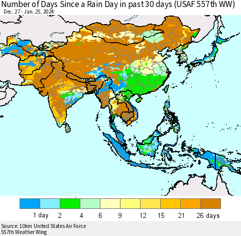 Asia Number of Days Since a Rain Day in past 30 days (USAF 557th WW) Thematic Map For 1/21/2024 - 1/25/2024