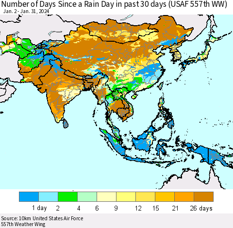 Asia Number of Days Since a Rain Day in past 30 days (USAF 557th WW) Thematic Map For 1/26/2024 - 1/31/2024
