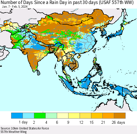Asia Number of Days Since a Rain Day in past 30 days (USAF 557th WW) Thematic Map For 2/1/2024 - 2/5/2024