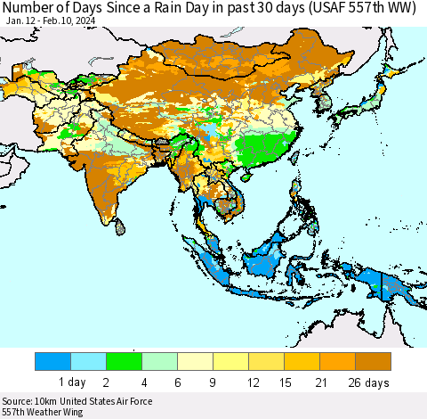 Asia Number of Days Since a Rain Day in past 30 days (USAF 557th WW) Thematic Map For 2/6/2024 - 2/10/2024
