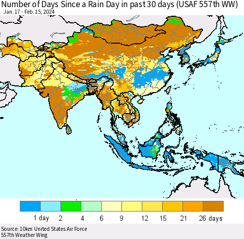 Asia Number of Days Since a Rain Day in past 30 days (USAF 557th WW) Thematic Map For 2/11/2024 - 2/15/2024
