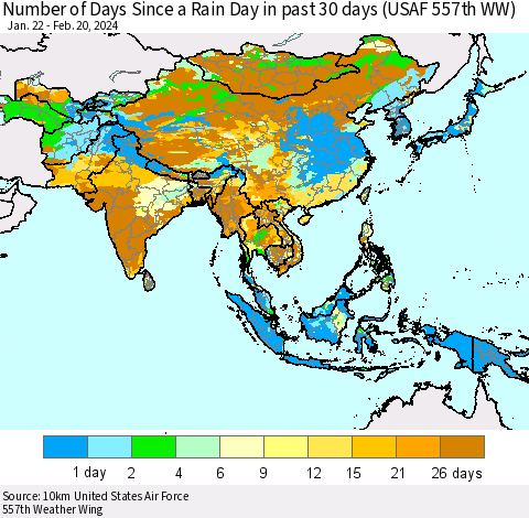 Asia Number of Days Since a Rain Day in past 30 days (USAF 557th WW) Thematic Map For 2/16/2024 - 2/20/2024