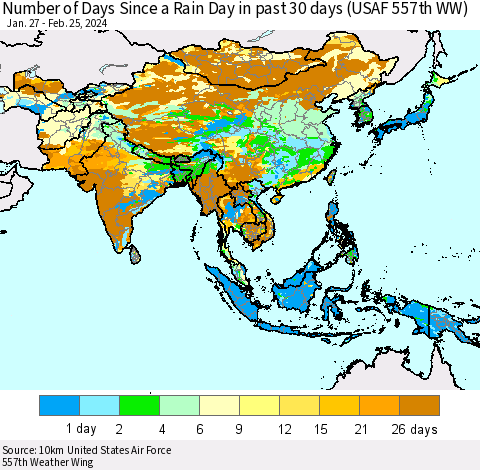 Asia Number of Days Since a Rain Day in past 30 days (USAF 557th WW) Thematic Map For 2/21/2024 - 2/25/2024