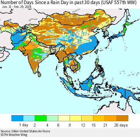 Asia Number of Days Since a Rain Day in past 30 days (USAF 557th WW) Thematic Map For 2/26/2024 - 2/29/2024