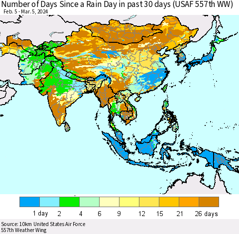 Asia Number of Days Since a Rain Day in past 30 days (USAF 557th WW) Thematic Map For 3/1/2024 - 3/5/2024
