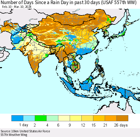 Asia Number of Days Since a Rain Day in past 30 days (USAF 557th WW) Thematic Map For 3/6/2024 - 3/10/2024