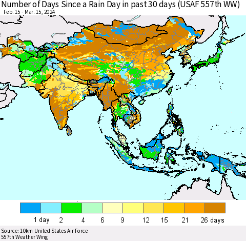Asia Number of Days Since a Rain Day in past 30 days (USAF 557th WW) Thematic Map For 3/11/2024 - 3/15/2024