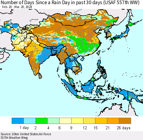 Asia Number of Days Since a Rain Day in past 30 days (USAF 557th WW) Thematic Map For 3/16/2024 - 3/20/2024