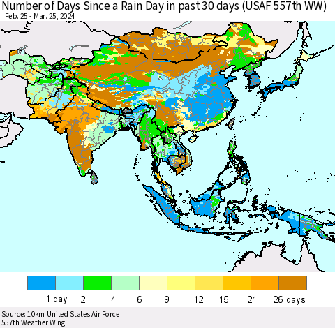 Asia Number of Days Since a Rain Day in past 30 days (USAF 557th WW) Thematic Map For 3/21/2024 - 3/25/2024