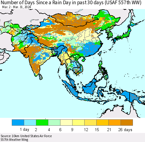 Asia Number of Days Since a Rain Day in past 30 days (USAF 557th WW) Thematic Map For 3/26/2024 - 3/31/2024