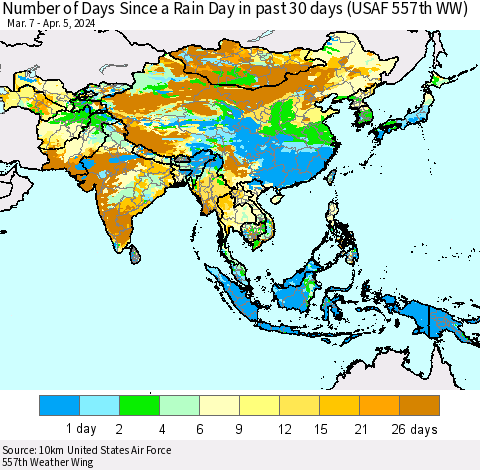 Asia Number of Days Since a Rain Day in past 30 days (USAF 557th WW) Thematic Map For 4/1/2024 - 4/5/2024
