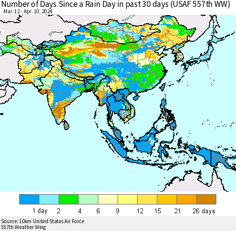 Asia Number of Days Since a Rain Day in past 30 days (USAF 557th WW) Thematic Map For 4/6/2024 - 4/10/2024