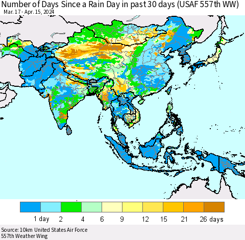 Asia Number of Days Since a Rain Day in past 30 days (USAF 557th WW) Thematic Map For 4/11/2024 - 4/15/2024