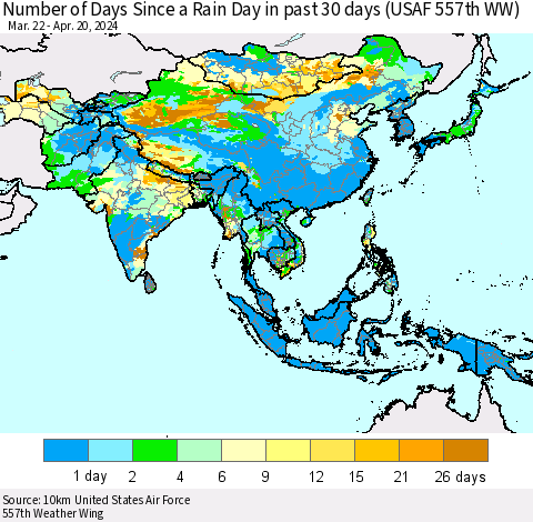 Asia Number of Days Since a Rain Day in past 30 days (USAF 557th WW) Thematic Map For 4/16/2024 - 4/20/2024