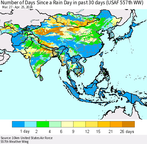 Asia Number of Days Since a Rain Day in past 30 days (USAF 557th WW) Thematic Map For 4/21/2024 - 4/25/2024