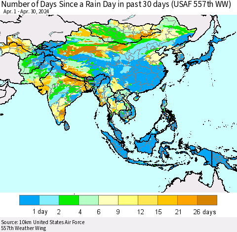 Asia Number of Days Since a Rain Day in past 30 days (USAF 557th WW) Thematic Map For 4/26/2024 - 4/30/2024