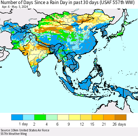 Asia Number of Days Since a Rain Day in past 30 days (USAF 557th WW) Thematic Map For 5/1/2024 - 5/5/2024