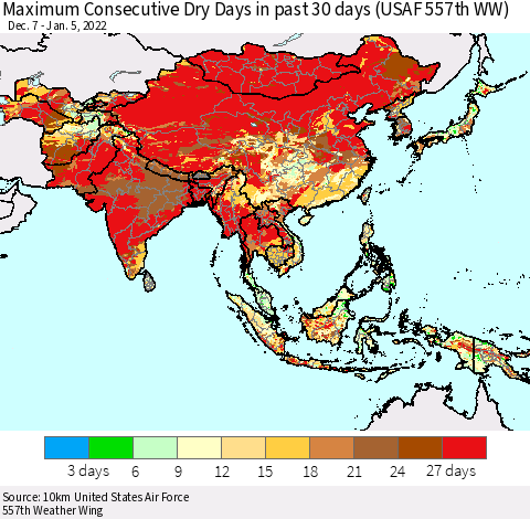 Asia Maximum Consecutive Dry Days in past 30 days (USAF 557th WW) 01/05/2022 Thematic Map For 1/1/2022 - 1/5/2022