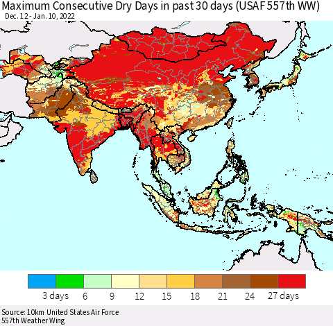 Asia Maximum Consecutive Dry Days in past 30 days (USAF 557th WW) 01/10/2022 Thematic Map For 1/6/2022 - 1/10/2022