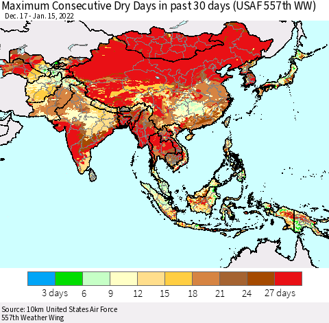 Asia Maximum Consecutive Dry Days in past 30 days (USAF 557th WW) 01/15/2022 Thematic Map For 1/11/2022 - 1/15/2022