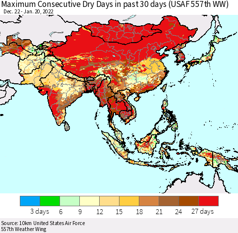 Asia Maximum Consecutive Dry Days in past 30 days (USAF 557th WW) 01/20/2022 Thematic Map For 1/16/2022 - 1/20/2022