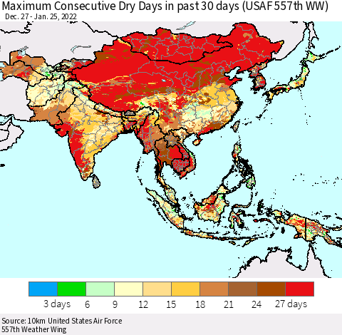 Asia Maximum Consecutive Dry Days in past 30 days (USAF 557th WW) 01/25/2022 Thematic Map For 1/21/2022 - 1/25/2022