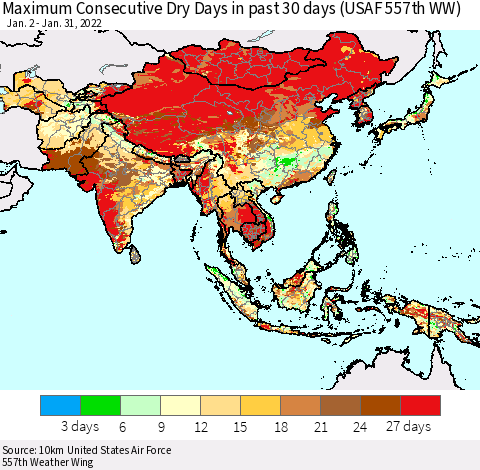 Asia Maximum Consecutive Dry Days in past 30 days (USAF 557th WW) 01/31/2022 Thematic Map For 1/26/2022 - 1/31/2022