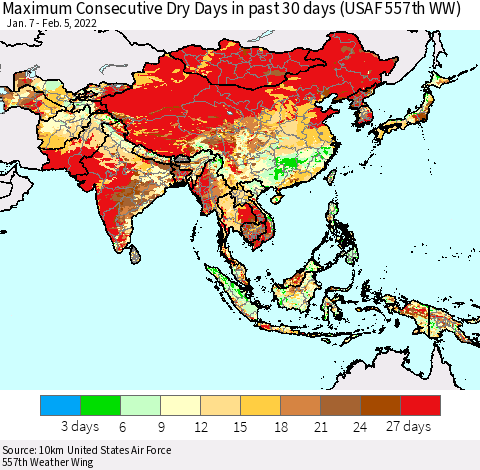 Asia Maximum Consecutive Dry Days in past 30 days (USAF 557th WW) 02/05/2022 Thematic Map For 2/1/2022 - 2/5/2022
