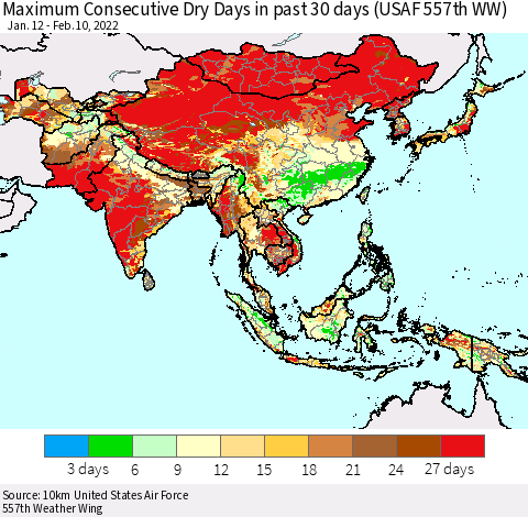 Asia Maximum Consecutive Dry Days in past 30 days (USAF 557th WW) 02/10/2022 Thematic Map For 2/6/2022 - 2/10/2022