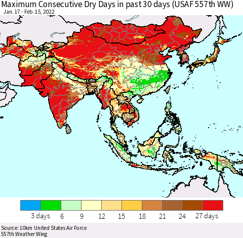 Asia Maximum Consecutive Dry Days in past 30 days (USAF 557th WW) 02/15/2022 Thematic Map For 2/11/2022 - 2/15/2022