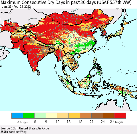 Asia Maximum Consecutive Dry Days in past 30 days (USAF 557th WW) 02/25/2022 Thematic Map For 2/21/2022 - 2/25/2022