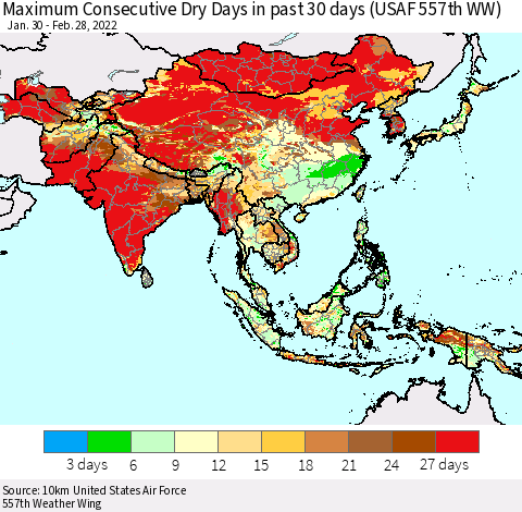 Asia Maximum Consecutive Dry Days in past 30 days (USAF 557th WW) 02/28/2022 Thematic Map For 2/26/2022 - 2/28/2022