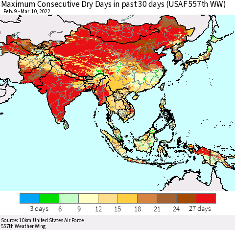 Asia Maximum Consecutive Dry Days in past 30 days (USAF 557th WW) 03/10/2022 Thematic Map For 3/6/2022 - 3/10/2022