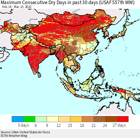 Asia Maximum Consecutive Dry Days in past 30 days (USAF 557th WW) 03/15/2022 Thematic Map For 3/11/2022 - 3/15/2022
