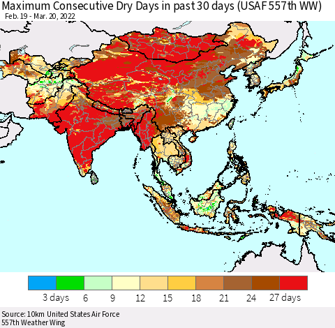 Asia Maximum Consecutive Dry Days in past 30 days (USAF 557th WW) 03/20/2022 Thematic Map For 3/16/2022 - 3/20/2022