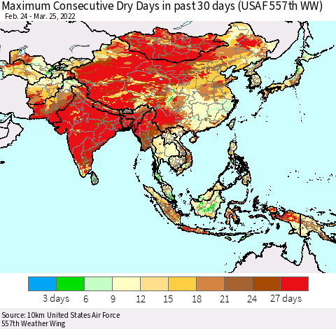 Asia Maximum Consecutive Dry Days in past 30 days (USAF 557th WW) 03/25/2022 Thematic Map For 3/21/2022 - 3/25/2022